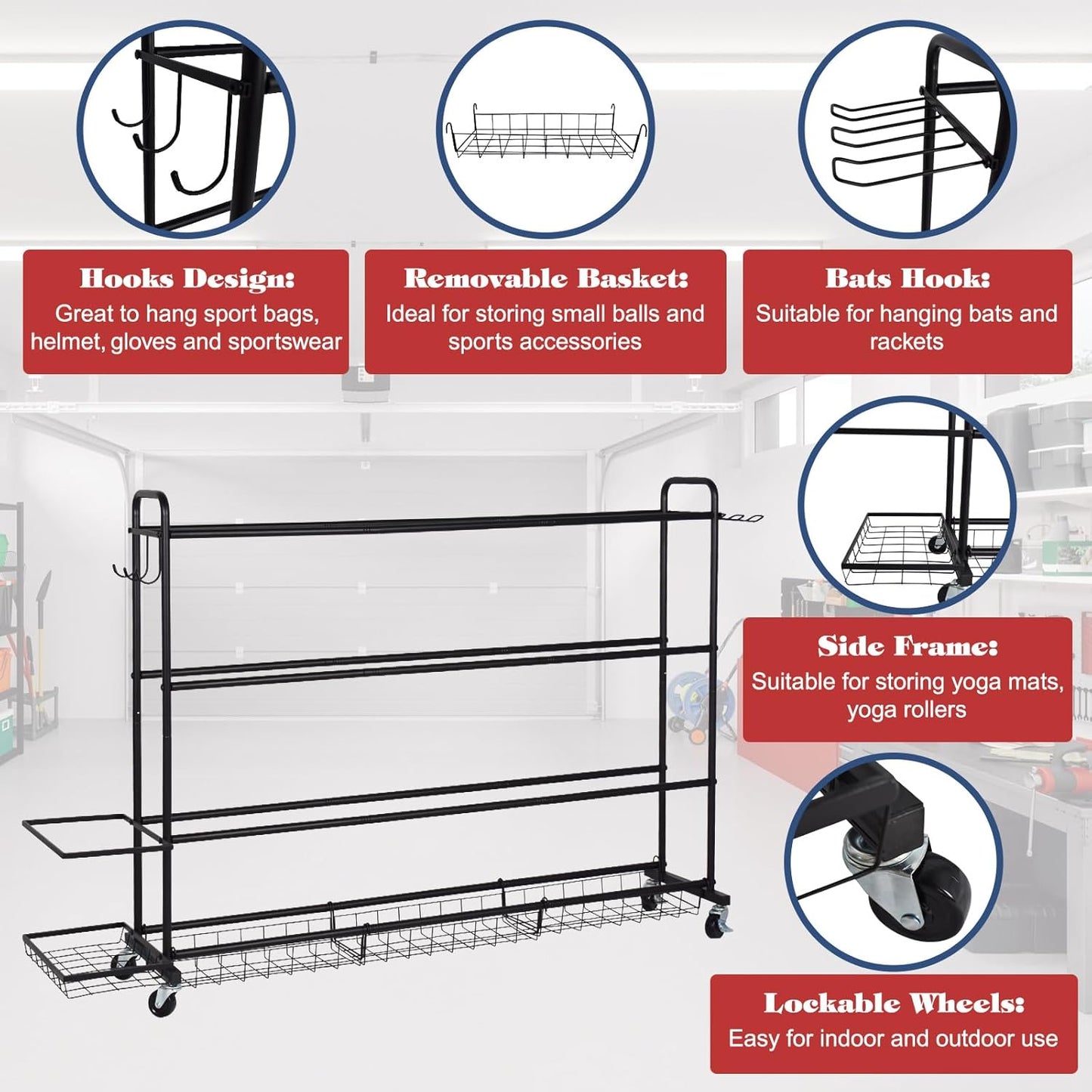Basketball Rack, Shooting Training Rolling Ball Stand, Garage Organizer with Wheels, 4-Layer Sports Equipment Storage Holder with Baskets and Hooks for Soccer Baseball Footballs Volleyball