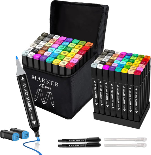 Banral 48 Colors Alcohol Markers Set, Dual Tip Alcohol Based Markers, Art Markers Pens for Artists Kids Adult Coloring, Permanent Illustration Sketch Markers for Drawing with Case and Holders