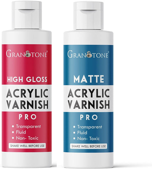 GRANOTONE Acrylic Artist's Varnish | High Gloss & Matte Finish | Non-Yellowing | Non-Toxic | Anti-Crazing | for Artists, Hobby Painters & Kids | Made in India | 100 ML x 2 (6.6 fl oz)