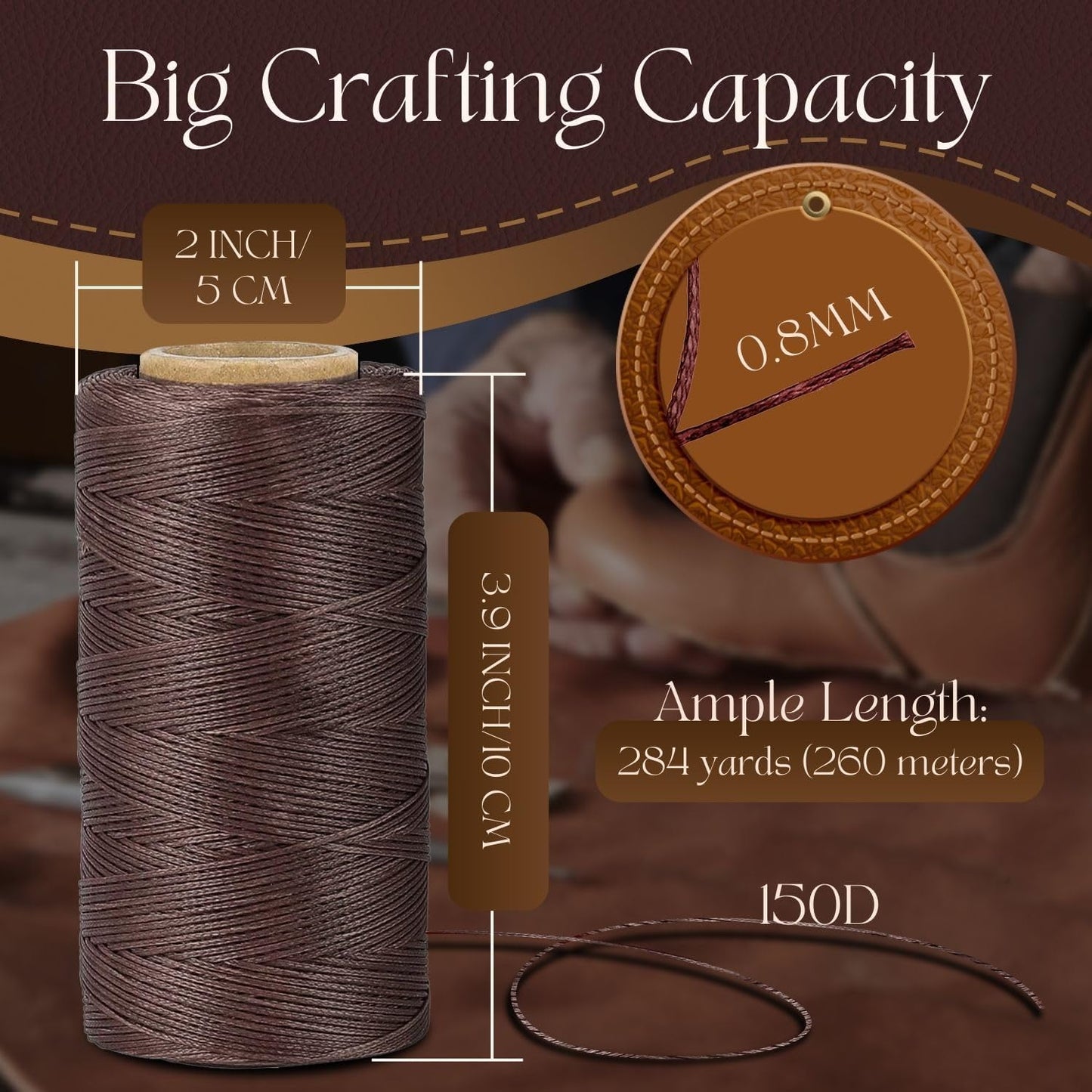 Flexzion Waxed Thread - 284 Yards (260 meters) 0.8mm 150D Polyester Wax Thread for Leather Sewing, Bookbinding, Stitching, Repairing, Beading, & DIY Projects (Beige)