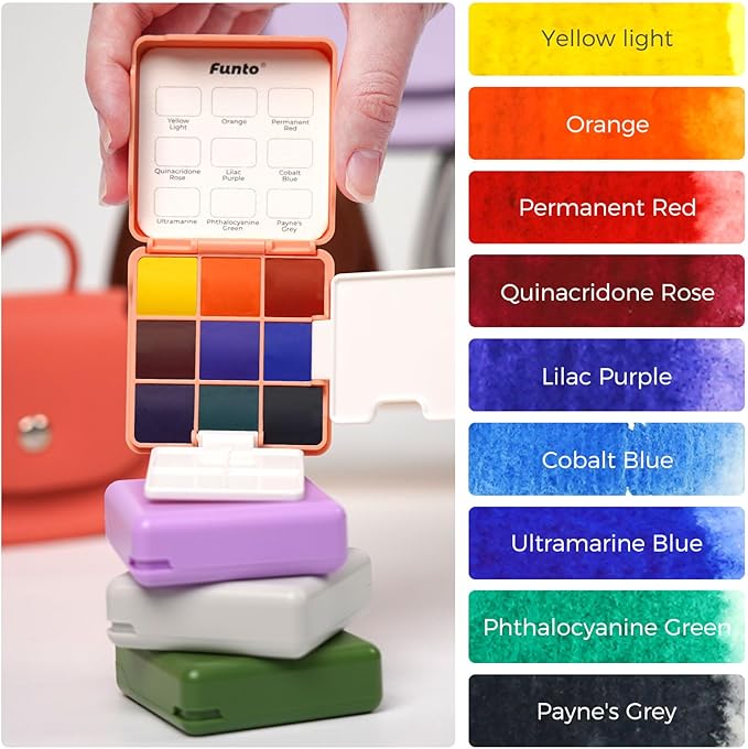 Funto Mini Watercolor Set Travel Kit with 9 Colors, Leather Bag & Watercolor Paper, Portable Drawing & Painting Supplies for Beginners, Art Gift Set