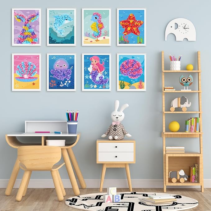 8PCS Poke-in Craft and Art Kit Mermaid Theme No-Mess Fabric Sewing Art Puzzle Puncture Painting DIY Ocean Sea Animals Toy Gifts for Activity Game Birthday Party