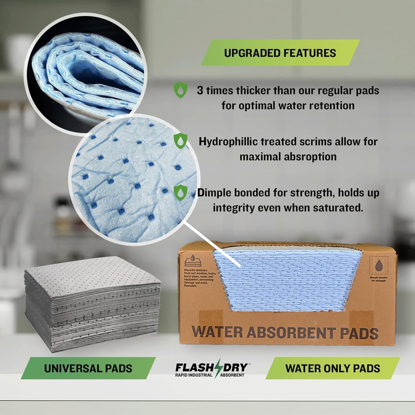 FlashDry Water Absorbent Pads 50 per Box, 17.5"x13.5" - Reusable and Hand Wringable Pads - Ideal for Water Leaks, Spills, Storm Damage Cleanup - Perfect for Basements, Garages, and Under-Sink Cabinets