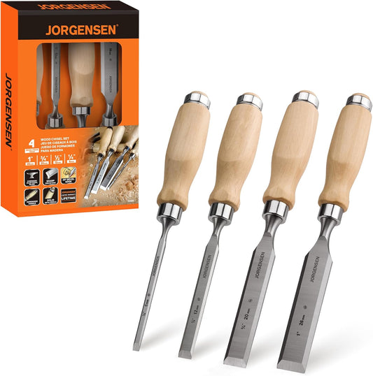 Jorgensen 4-Piece Wood Chisel Set, Chromium Alloy Steel Beveled Edge Wood Chisels, Wood Chisels for Woodworking, Ergonomic Hardwood Handle with Metal Ferrule, 1/4", 1/2", 3/4", 1"