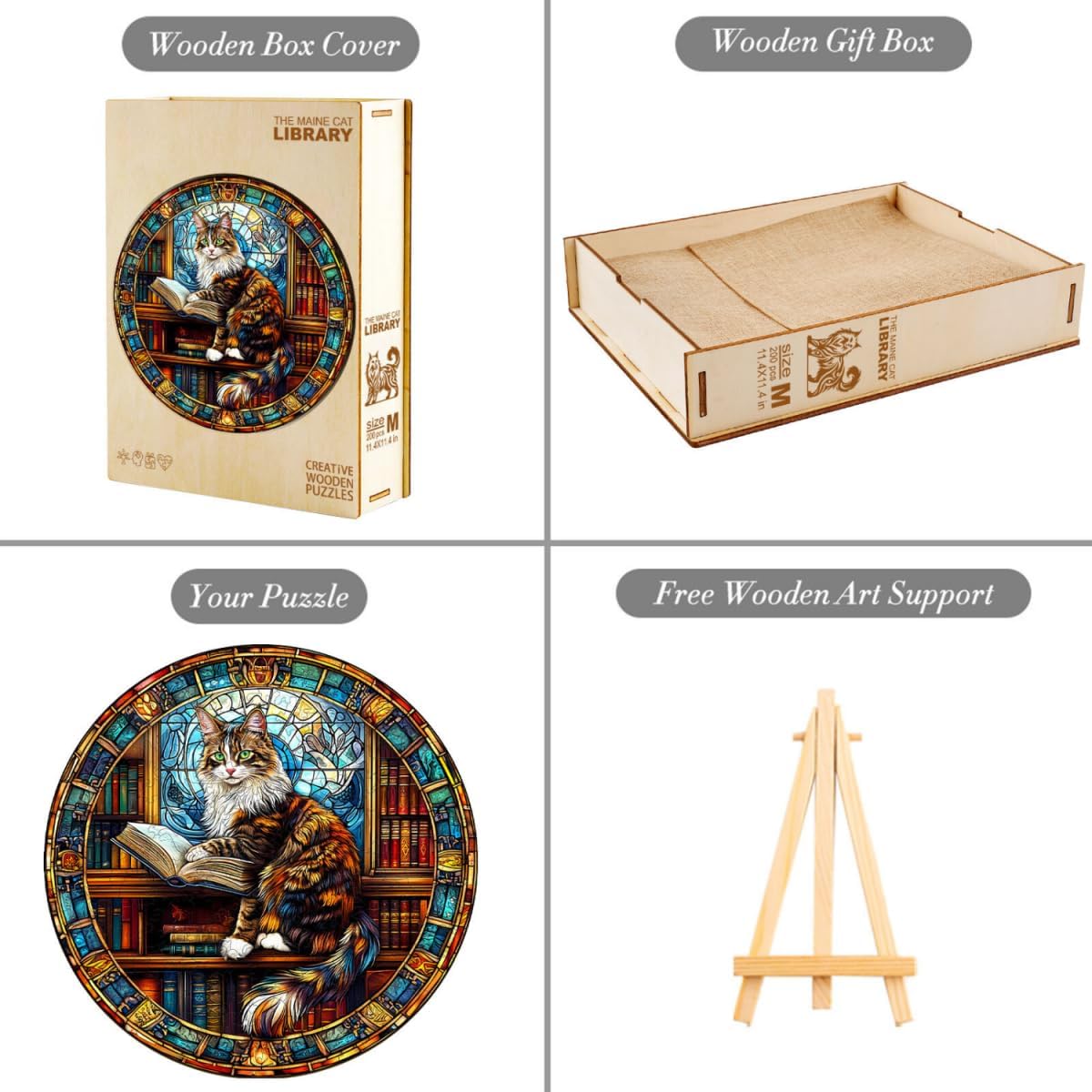 Wooden Puzzles Adults, Maine Cat Library Wooden Puzzles 100 Pieces, Unique Animal Shaped Wood Challenging Jigsaw Puzzles Gifts for Adults, 8.5x8.5in