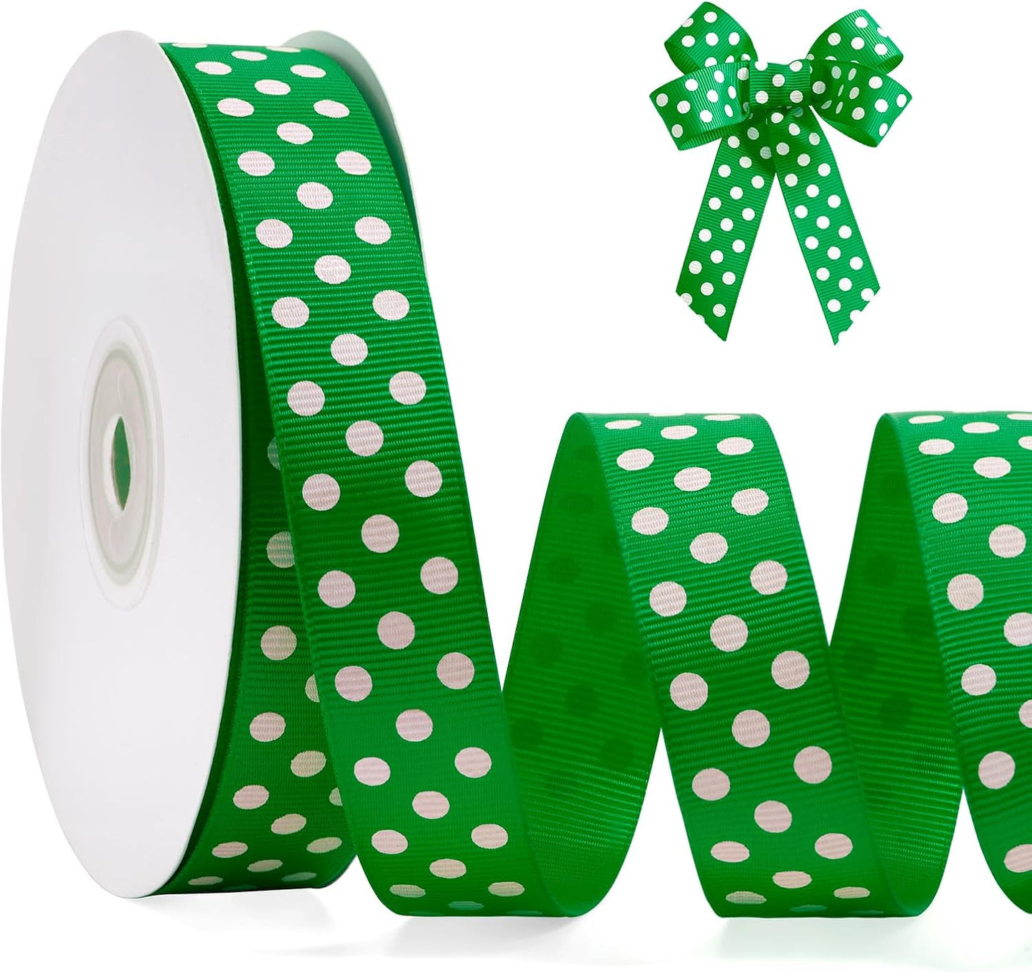 Polka Dot Grosgrain Ribbon 3/4 Inch, 25 Yards Spool Green and White Polka Dot Ribbon for Christmas Gift Wrapping DIY Crafts Hair Bows Wedding Party Decor Sewing and Home Decoration