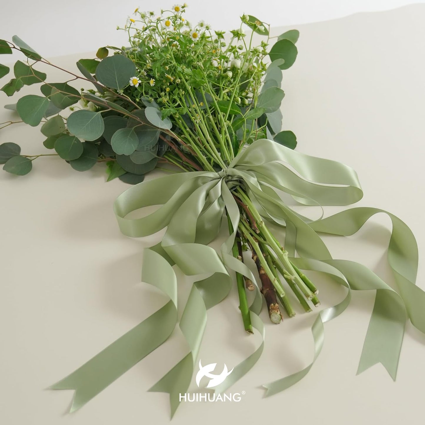 HUIHUANG Sage Green Satin Ribbon 1-1/2 inch x 100 Yards Green Double-Faced Satin Ribbon for Flower Bouquet, Gift Wrapping, Eternal Roses, DIY Crafts, Bridal Shower Wedding Decor