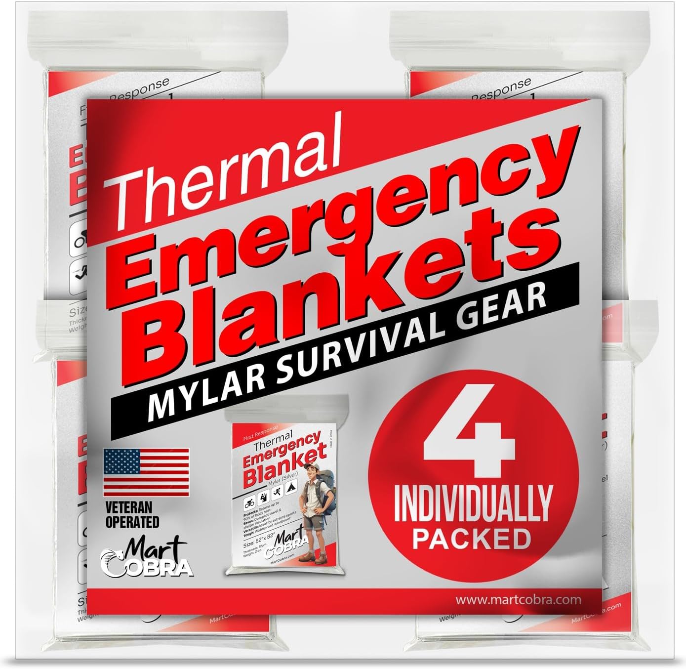 Emergency Blanket 4-Pack Space Mylar Blankets Survival Gear and Supplies Reusable Thermal Camping Hunting Essentials First Aid Car Emergency Kit Prepper Bug Out Bag Foil Warm Cat Cold Snow Winter