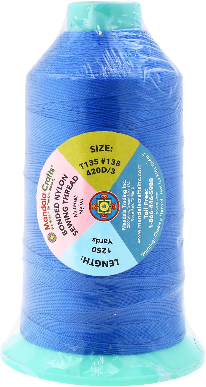 Mandala Crafts Bonded Nylon Thread Sky Blue Heavy Duty Sewing Threads - 1250 YDs Size 138 420D T135 Tex 135 Thread for Leather Jeans Weaving Outdoor Marine Upholstery Threads