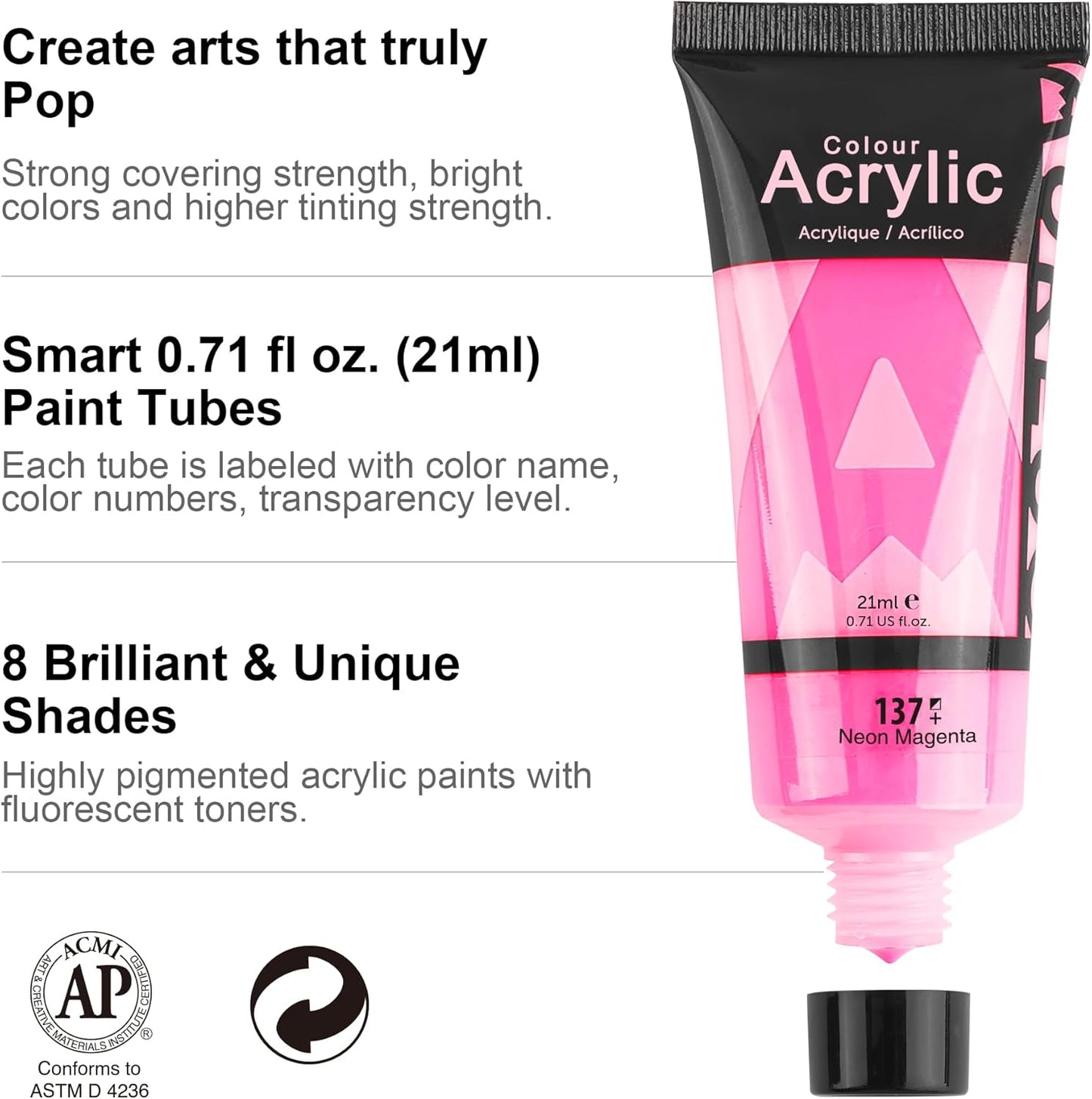 AUREUO Neon Acrylic Paint Set - 8 Fluorescent Colors 0.71 Fl Oz / 21ml Art Paint Tubes for Halloween Crafts Decor Rich Pigments Non-toxic Painting Supplies for Artists Hobby Painters Adults