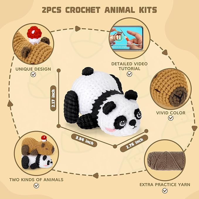 Fortuning's JDS Crochet Kit for Beginners, Panda & Capybara Crochet Animal Kits, Easy Crochet Kit for Adults and Kids, Complete DIY Craft Knitting Kit w/Step-by-Step Video Tutorials Christmas Gifts