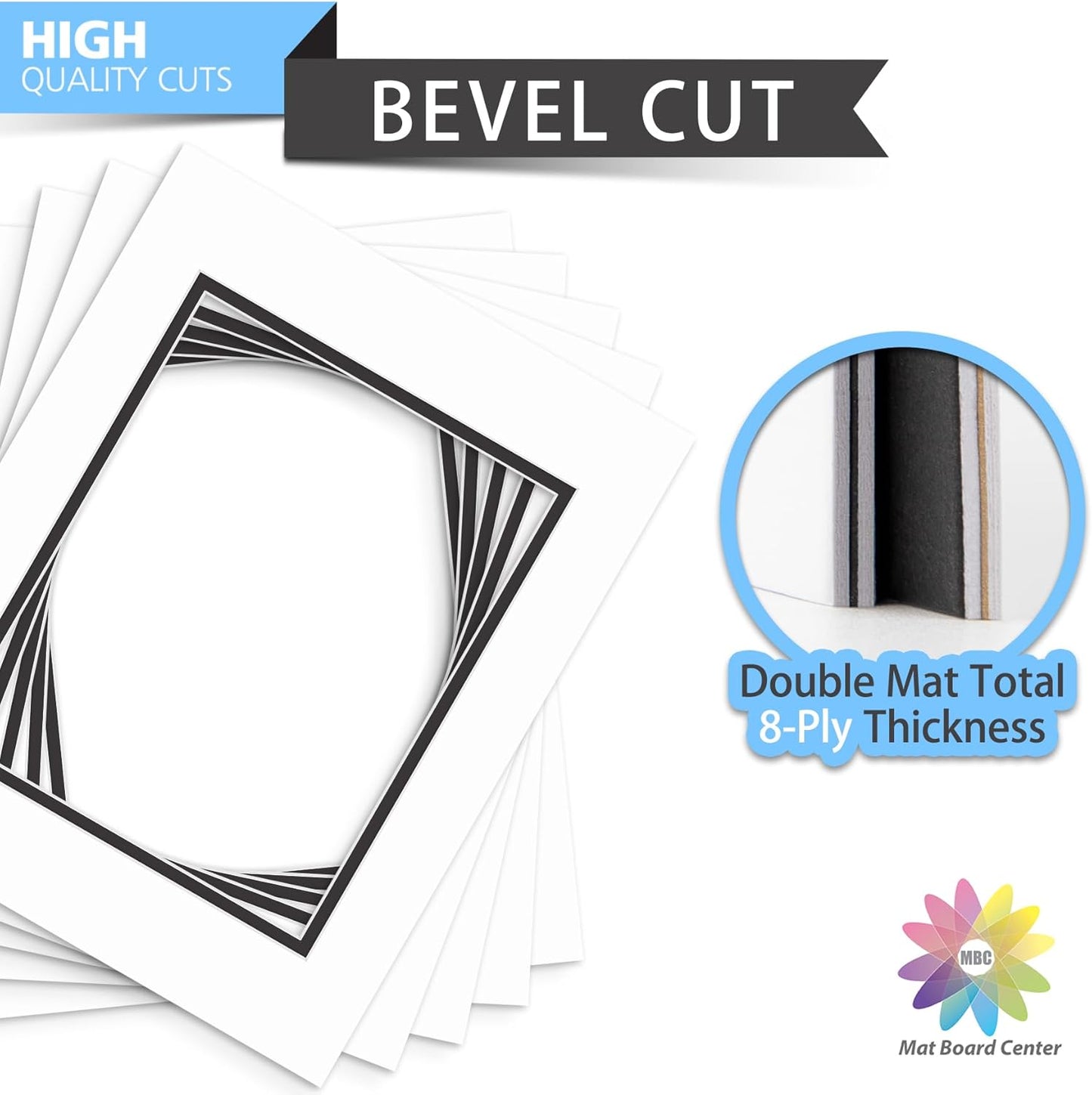 Mat Board Center, Double Mat - Acid Free, 8-ply Thickness, White Core - for Pictures, Photos, Framing (White Over Black, 11x14 for 8x10, Pack of 5)