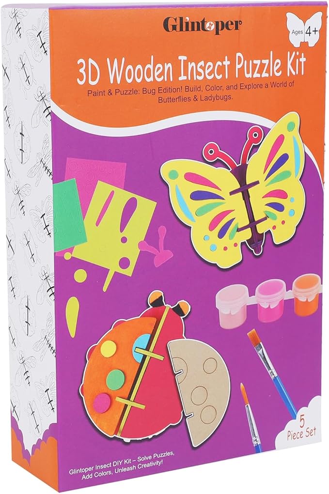 Glintoper Wooden Insect Crafts Painting Kit for Kids Boys Girls, 5 Piece Set DIY 3D Insect Puzzle with Brushes & Paint Decorate Your Own Painting Gift for Christmas Easter Birthday Party Favors