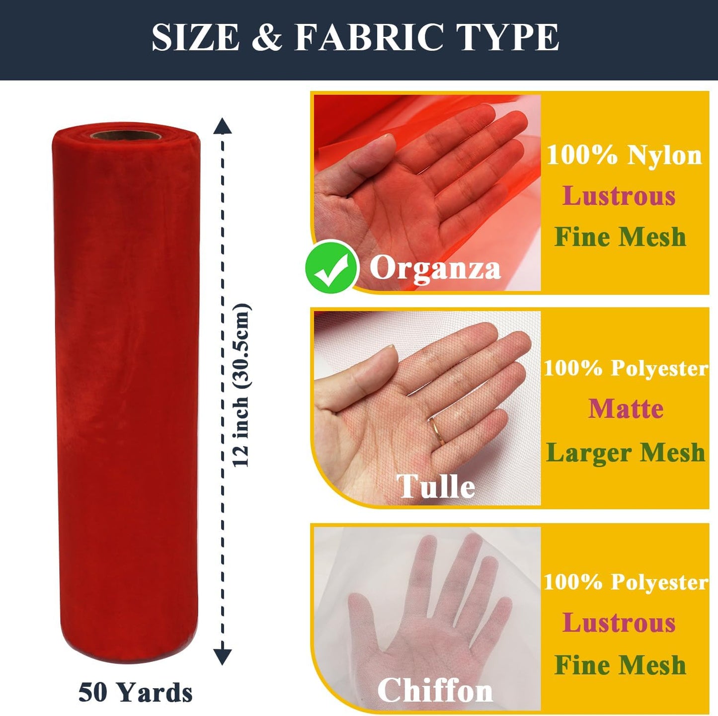 Red Organza Tulle Fabric Rolls, Crystal Organza 12" by 50 Yards (150 ft) Sheer Nylon Silky Shiny Netting Spool Bolt for DIY Craft Table Runner Wedding Baby Shower Party Decor (Red)