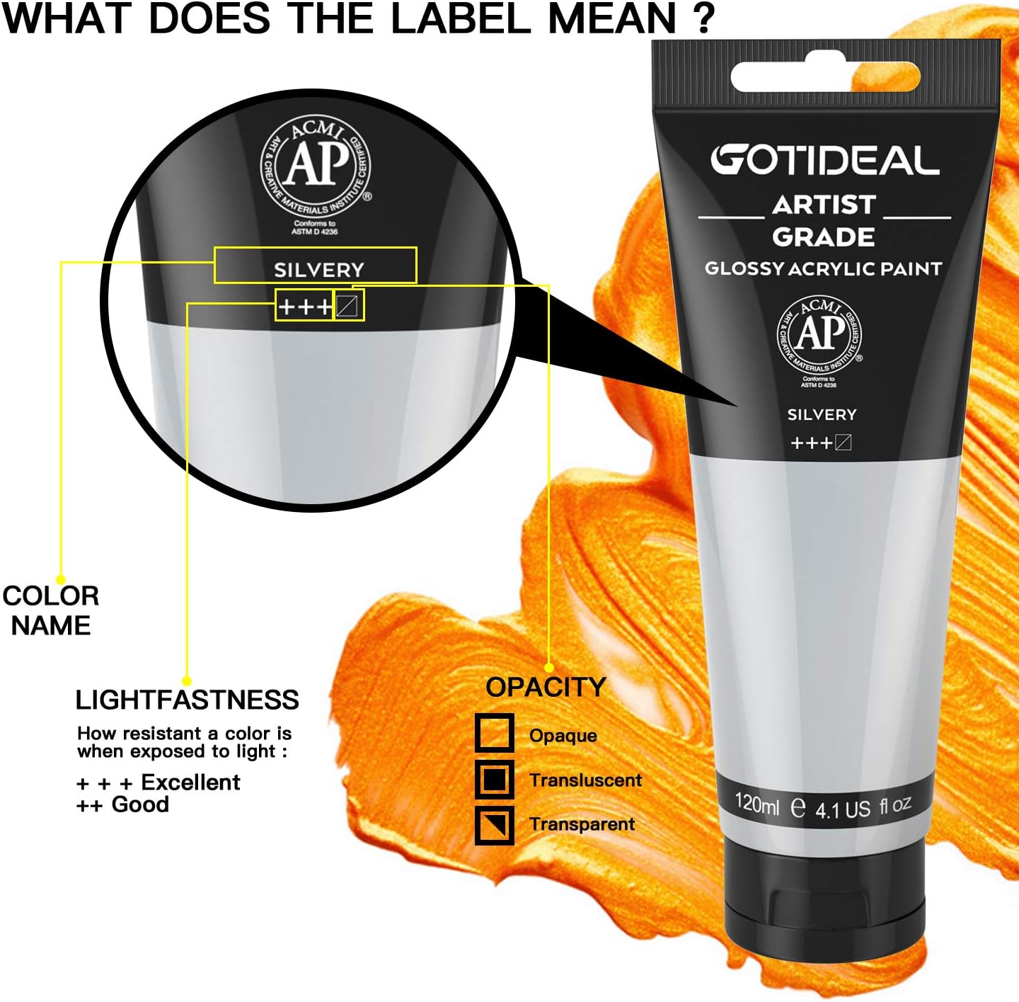 GOTIDEAL Metallic Acrylic Paint Silver Tubes(120ml, 4.1 oz) Non Toxic Non Fading,Rich Pigments for Painters, Adults & Kids, Ideal for Canvas Wood Clay Fabric Ceramic Craft Supplies (Silver)