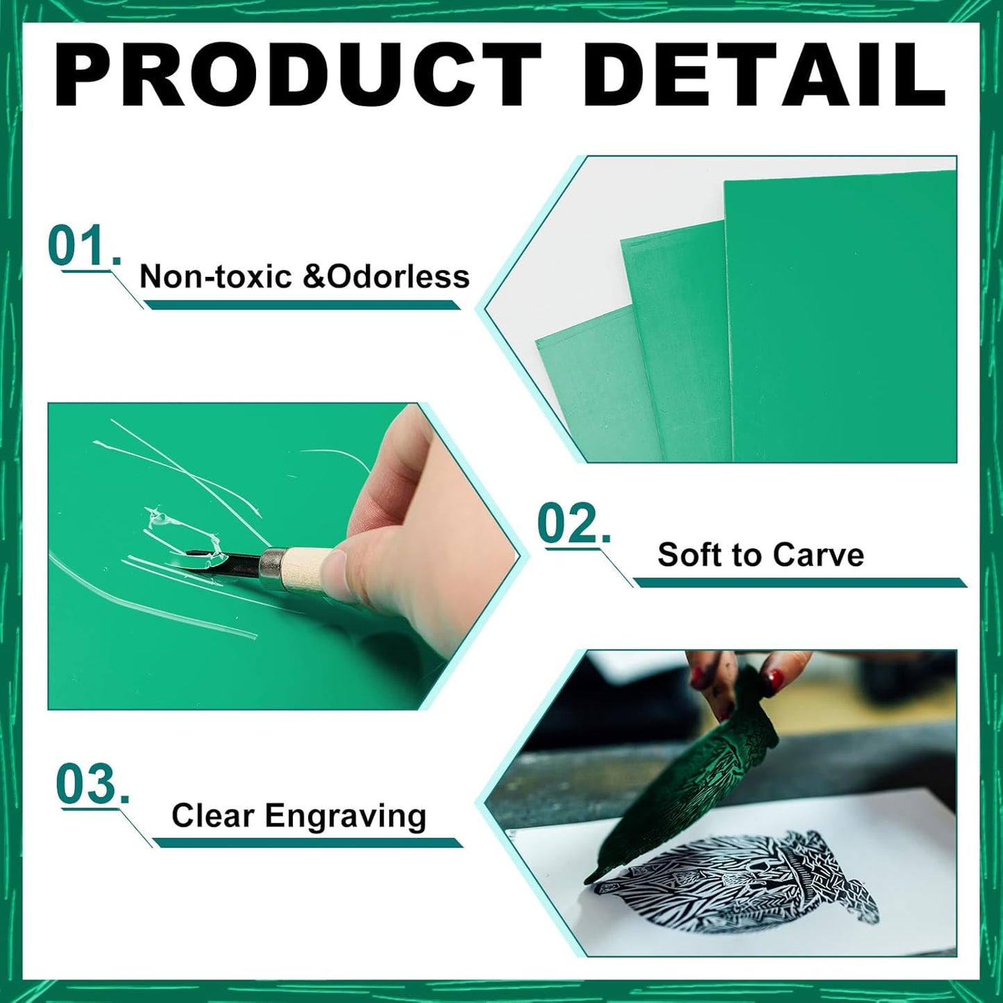 Yeaqee 8 Pcs Linoleum Block Rubber Carving Block Soft Linocut Blocks Large Linoleum Sheet Unmounted Lino Plates for Engraving Art Project Printmaking Artist Studio Supplies (8 x 10 Inch,Green)