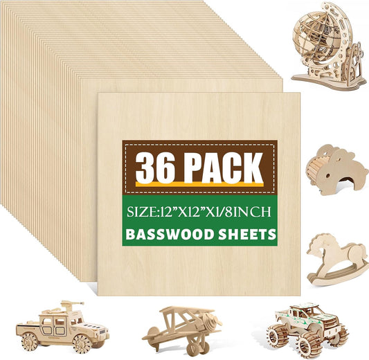 36 Pack 12x12 Basswood Sheets 1/8 Inch, Unfinished Wood for Crafts, Basswood for Laser Cutting & Engraving, Wood Burining, Basswood Plywood Sheets for Architectural Models.
