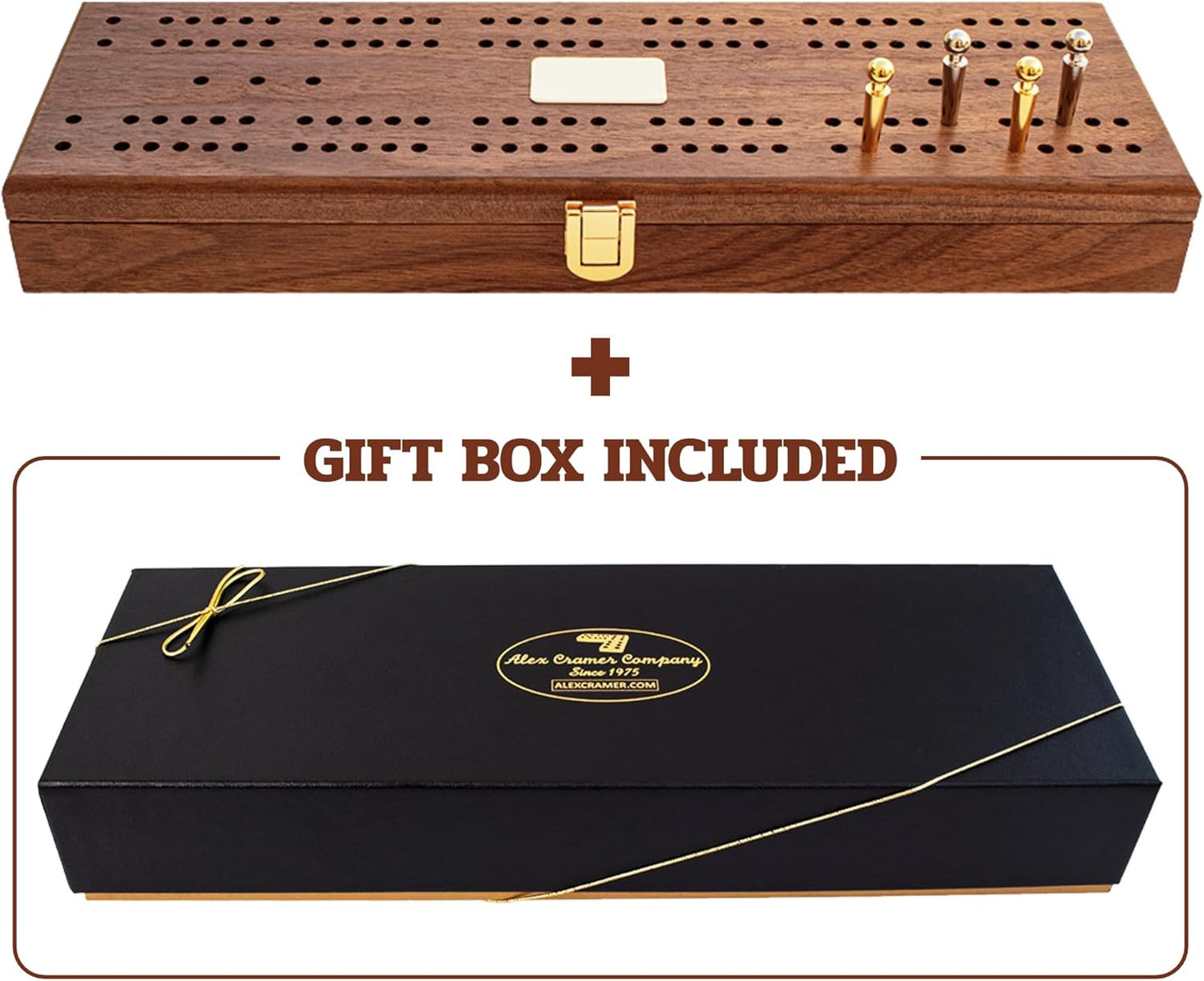 Alex Cramer Le Club' Luxury Domino Set with Handcrafted Walnut Case and Cribbage/Counter Top - Tournament Quality 28 Indestructible (Double 6 Domino Set with Brass Plate)