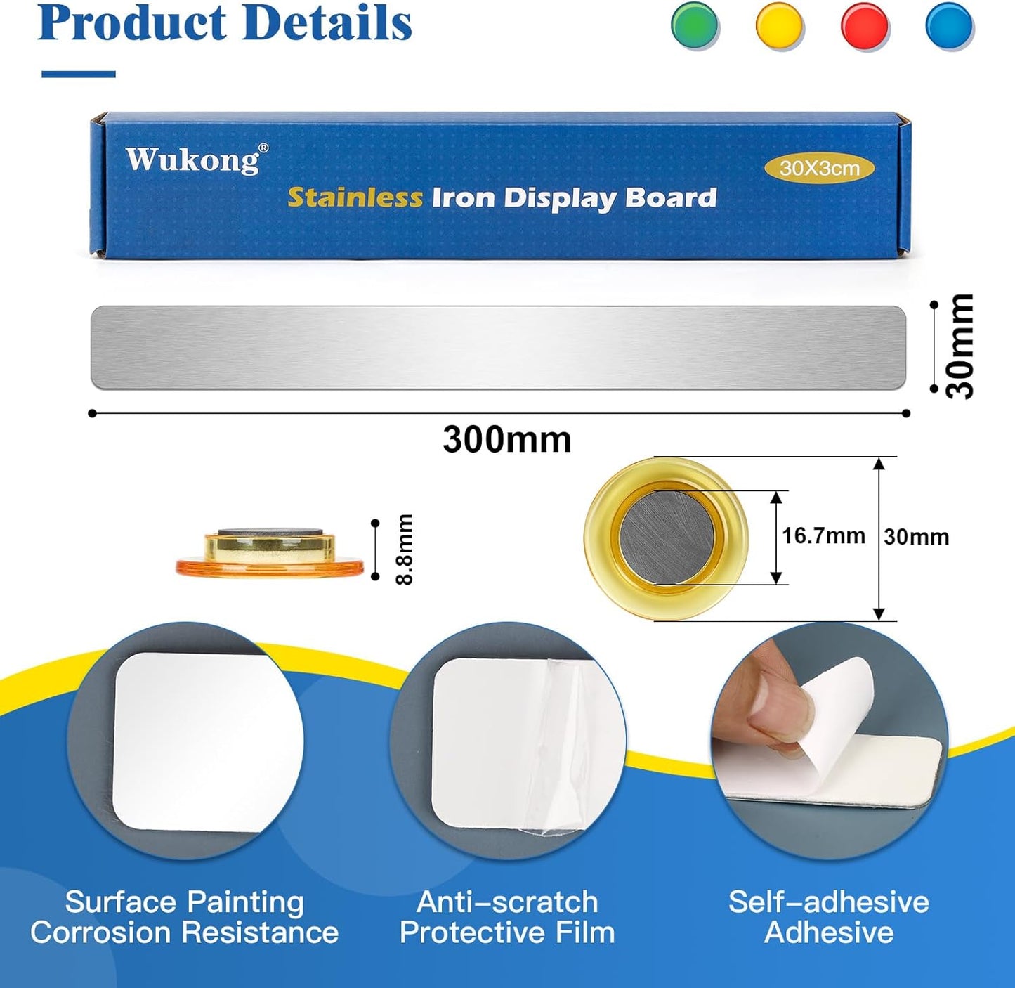 Wukong 8 Pack | 30x3cm(11.81 x 1.18) Magnetic Stainless Silver Boards Strips, Adhesive Backing Bulletin Bar Board, Memo Board with 32Pcs Colorful Magnets for Office, Home, Photo Wall, Documents