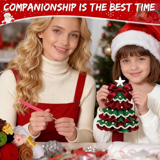 DIY Crochet Christmas Tree Kit, Handmade Holiday Decoration Set, Christmas Tree Bow Crochet Kit, Crochet Kit for Beginners with Yarn, Hook,Beads & Instructions