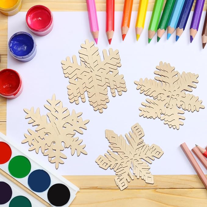 COCHIE DIY 3D Snowflake Wood Crafts to Paint for Kids Adults, Paintable Unfinished Wooden Slices for Craft, Winter Snowflakes Cutouts Ornaments for Painting Decorations (24 PCS)