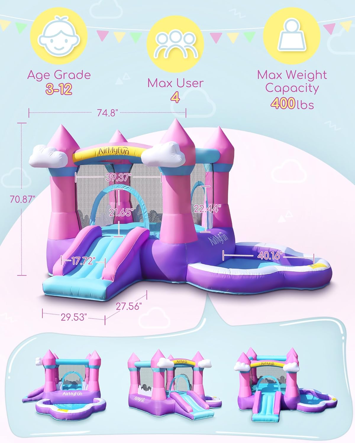 AirMyFun Pink Indoor/Outdoor Inflatable Bounce House for Kids 3-8 - Bouncy Castle with Slide, Blower, Water Pool & Ball Pit