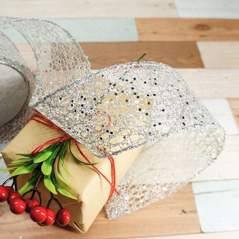 CT CRAFT LLC Sparkling Glitter Mesh Wired Ribbon 2.5" x 10 Yards Silver for Christmas Home Decor Bow Gift Wrapping DIY Crafts Wreath