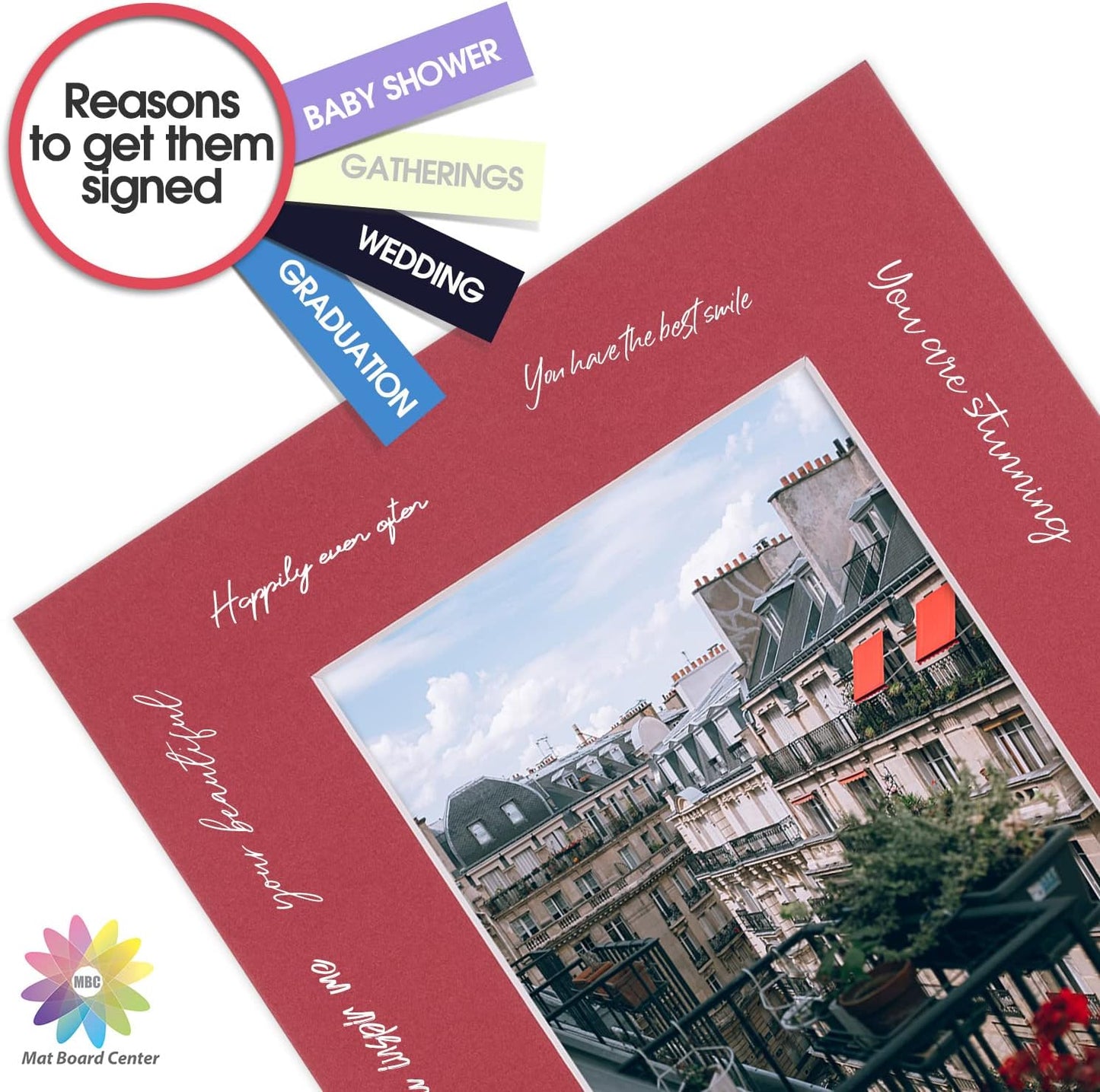 Mat Board Center, Pack of 10, 8x10 for 5x7 China Red Color Mats - Bevel Cut, Acid Free, 4-ply Thickness, White Core - for Pictures, Photos, Framing