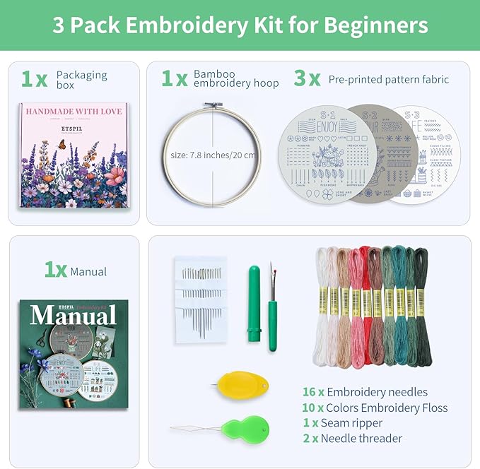ETSPIL Embroidery Kit for Adult Beginners, 3-Pack 33-Stitch Practice Samplers, Pre-Stamped Patterns, 7.8-Inch Hoop, Threads & Needles, Step-by-Step Guide & Video, DIY Needlework Craft Gift for Women