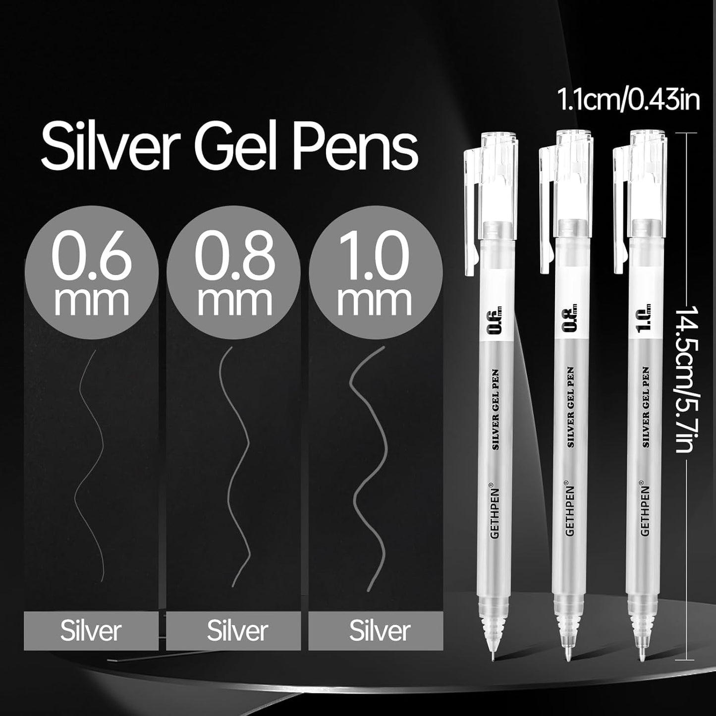 Silver Gel Pens 3-Pack - 0.6/0.8/1.0mm Fine Point Opaque Silver Archival Ink Pen for Black Paper Drawing, Sketching, Illustration, Bullet Journaling