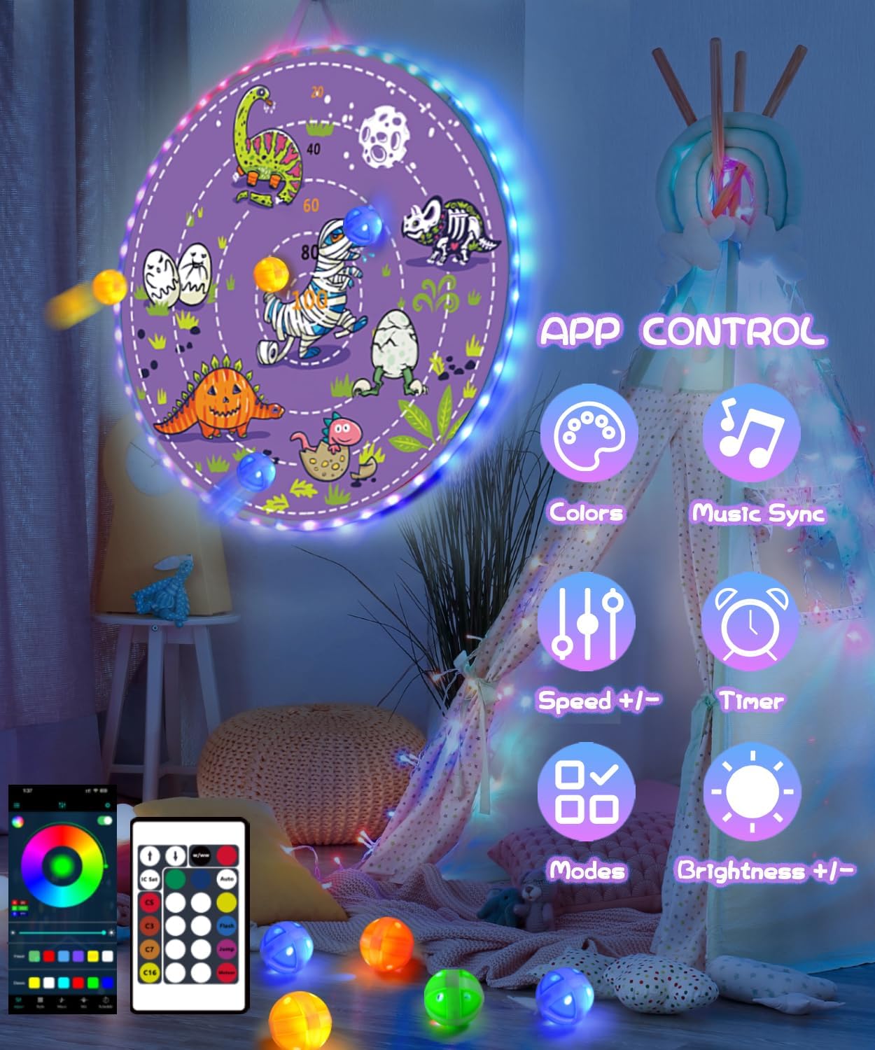 2 in 1 29" Large LED Dart Board for Kids 8-12 Games with 12 LED Sticky Balls, Indoor & Outdoor Games for Kids 8-12, APP Control Board Games for Kids