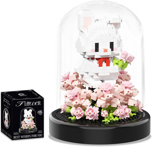 Artificial Flower Animal Toy Building Set for Adult,Mini Rabbit Plant Bonsai Tree Friend Set for Girl,Botanical Collection Gift for Kids,Office Home Decor Building Block,Birthday Gift for Women