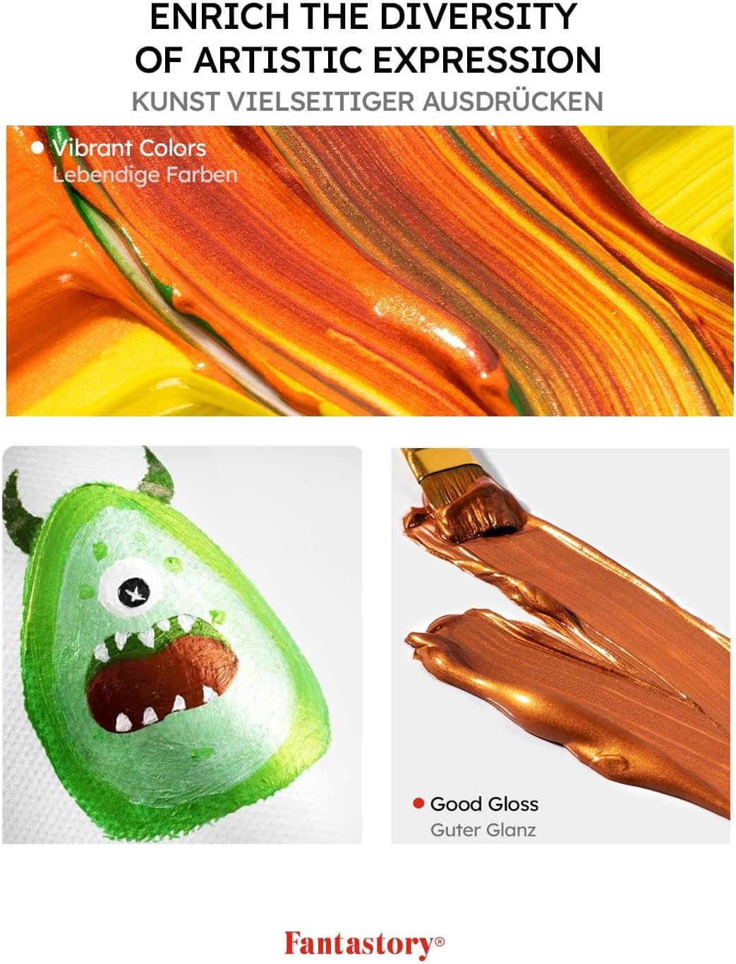 Fantastory Metallic Iridescent Acrylic Paint Set with 12 Brushes, 12 x 2oz Metallic Colors, Color-Shifting, Craft Paint Kit, Metal/Canvas/Rock/Stone/Ceramic/Model/Wood Painting [Balanced Series].