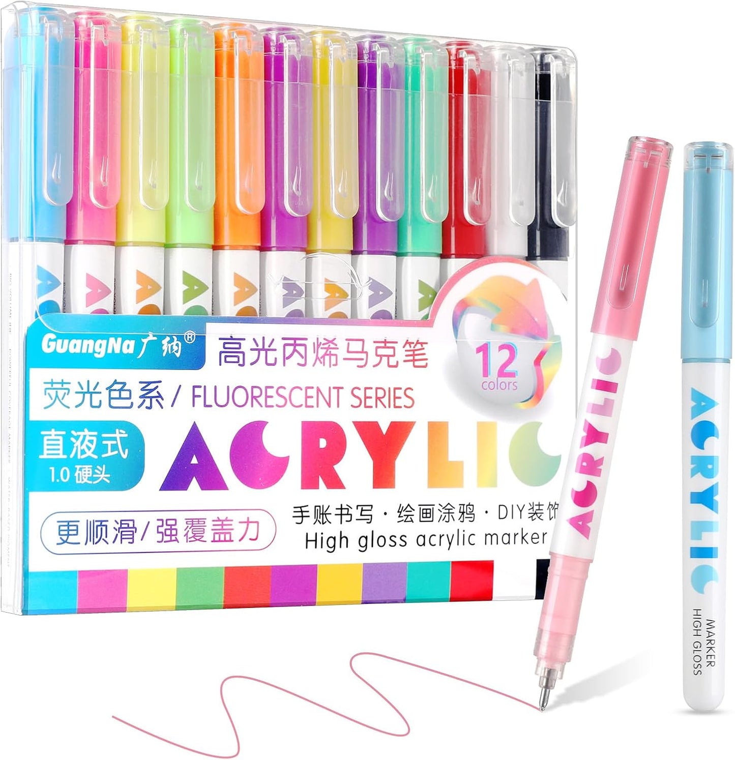 kander Direct Liquid Highlighter Acrylic Marker, 12 Colors Gel Pens with Bullet Tip, Strong Coverage, Large Ink Capacity, Multi-Purpose Paint Pens for Rock Painting, Crafts, DIY, Art Supplies