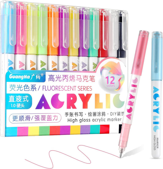kander Direct Liquid Highlighter Acrylic Marker, 12 Colors Gel Pens with Bullet Tip, Strong Coverage, Large Ink Capacity, Multi-Purpose Paint Pens for Rock Painting, Crafts, DIY, Art Supplies