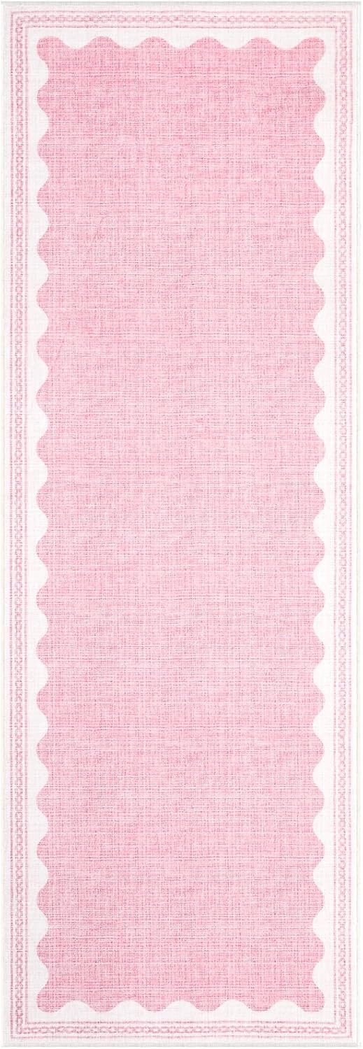 Scalloped Rug 2x6 Runners for Hallways, Solid Pink Runner Rug Non Slip Scalloped Bath Runner, Washable Rugs for Bedroom Girls, Rugs for Kitchen Floor Soft Dorm Nursery Carpet for Bedside