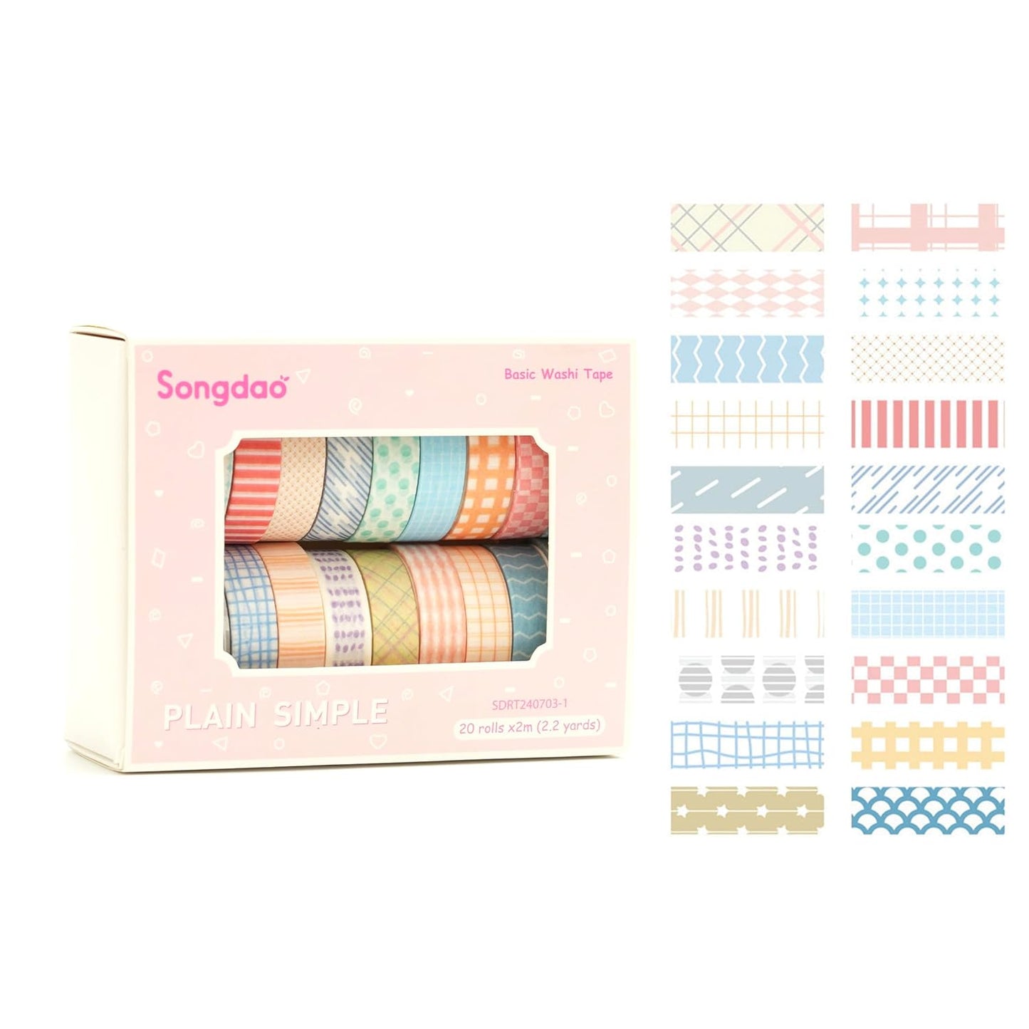 20 Rolls Basic Washi Tape Set Japanese Arts Adhesive Tapes Simple Patterns Decorative Masking Tape Sets for Craft, Kids, Scrapbook, DIY, Gift Wrapping (Style One)