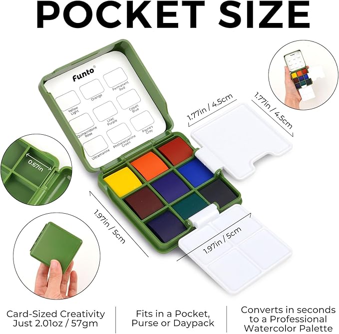 Funto Mini Watercolor Travel Set, Travel Kit with 2 Foldable Palettes, 9 Colors, Mini Color Paint Set for Creative Artists