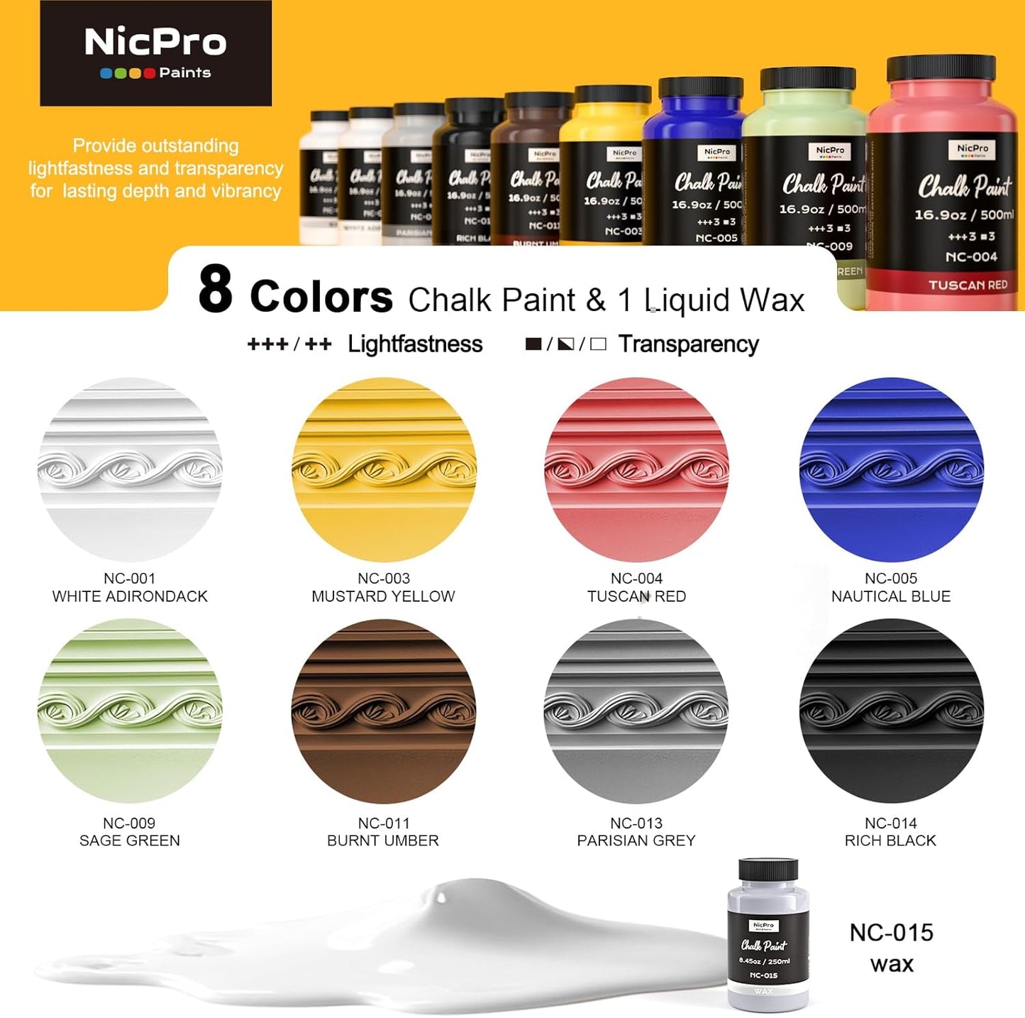 Nicpro 8 Colors Chalk Paint for Furniture, 16.9 oz (500ml) Ultra Matte Finish Acrylic Craft Paint, Non-Toxic Chalk Furniture Paints for Wood, Metal, Cabinets, Home Decor with Liquid Wax, Color Wheel
