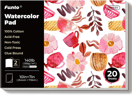 Funto Watercolor Pad, 10×7", 20 Sheets, 140lb/300gsm, 100% Cotton, Cold Press, Glue Bound, Double-Sided, Easy Tear Heavyweight Art Paper for Painting