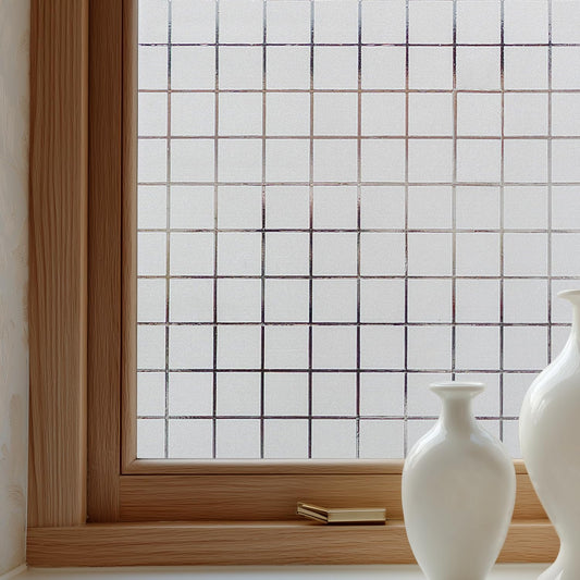 Window Privacy Film Decorative for Front Door, Bathroom Static Cling Stained Glass Sticker Opaque Heat Control UV Blocking Non-Adhesive for Home Windows,White Square