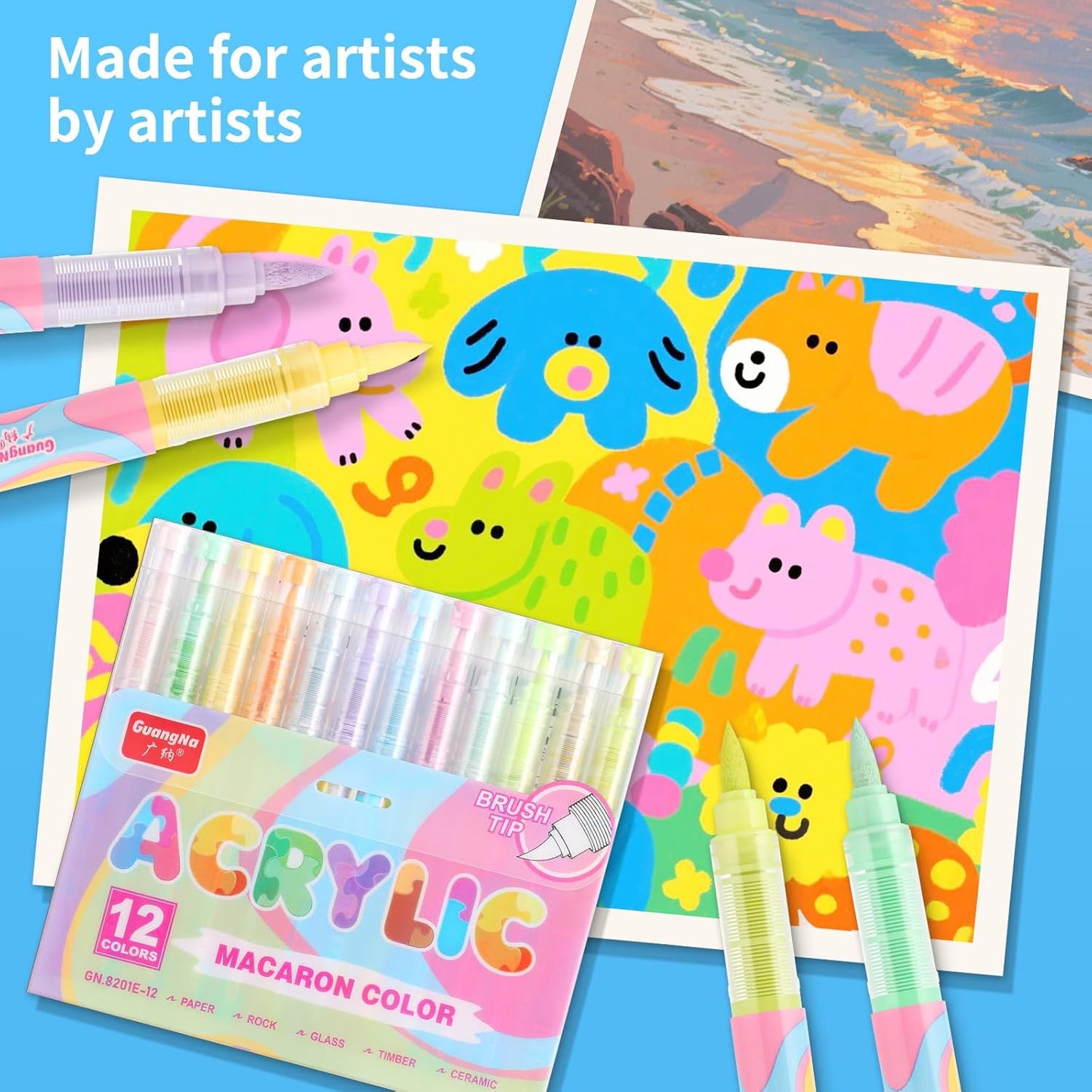 Guangna Acrylic Paint Markers 12 Colors, Skin Tone Series Set with Soft Brush Tip Water Based, Fine Tip Markers for Wood, Canvas, Rock Painting, Glass, Diy Crafts, Fabric Paint