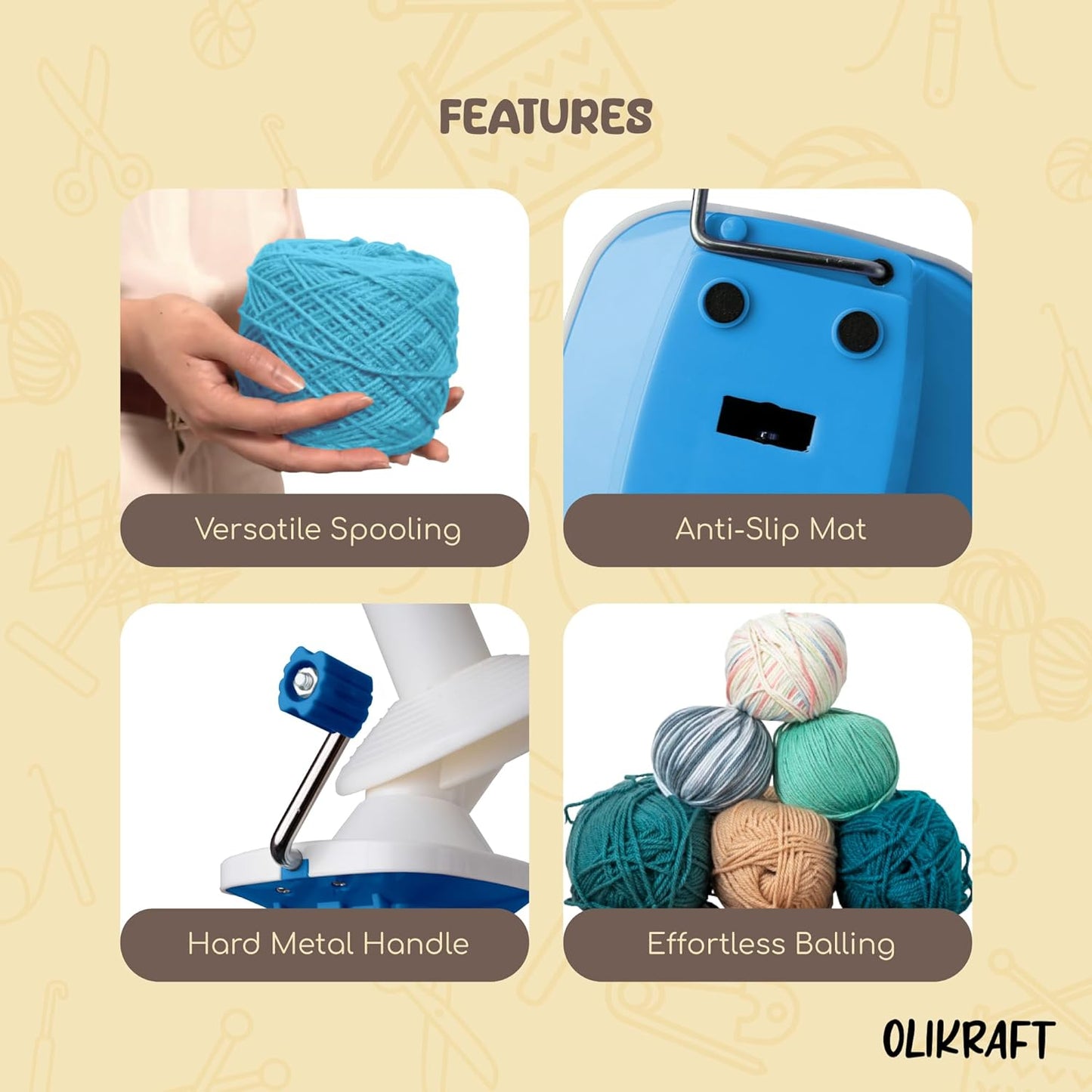 Olikraft Manual Yarn Winder | Yarn Ball Winder, Roller, Baller Crochet Spinner for Crocheting | Clamp for 1 3/4" Surfaces | Create Cakes up to 4oz