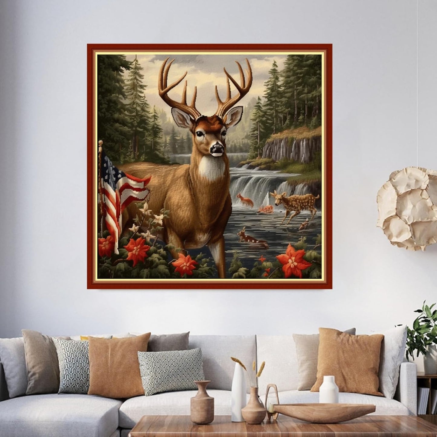 Foxhool Beginners Cross Stitch Kits Stamped Full Range of Embroidery Kits for Adults DIY Cross Stitches kit Embroidery Patterns for Needlepoint kit-Deer National Flag 17.7x17.7 inch