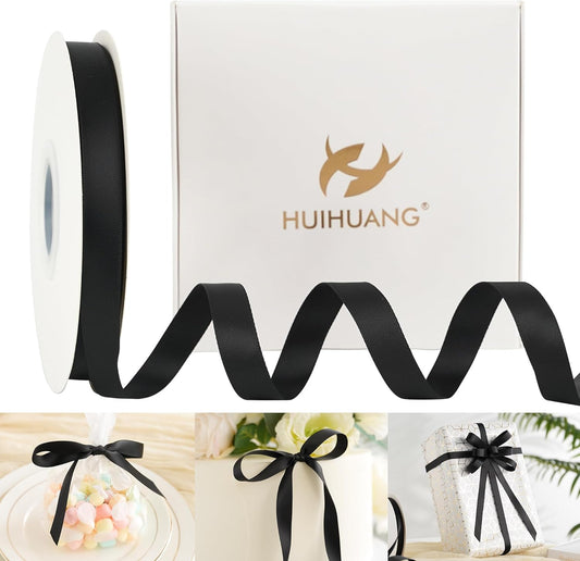 HUIHUANG Black Satin Ribbon 1/2 inch X 50 Yards Continuous, Black Double-Faced Satin Ribbon for Gift Wrapping, Bows, DIY Crafts, Flower Bouquet, Christmas Holiday Decor, Hair Bows