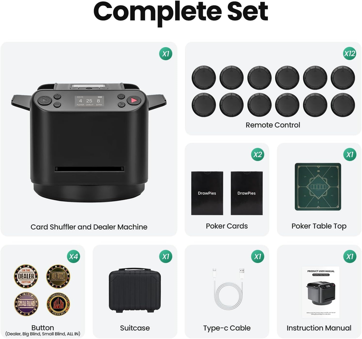 Automatic Card Shuffler and Dealer 2-in-1 Machine Set, 1-12 Player, Rotatable 360°, Remote Card Calling, Ultra Quiet, Rechargeable, 12 Remote Controls, 2 Decks of Cards, 1 Poker Table Top