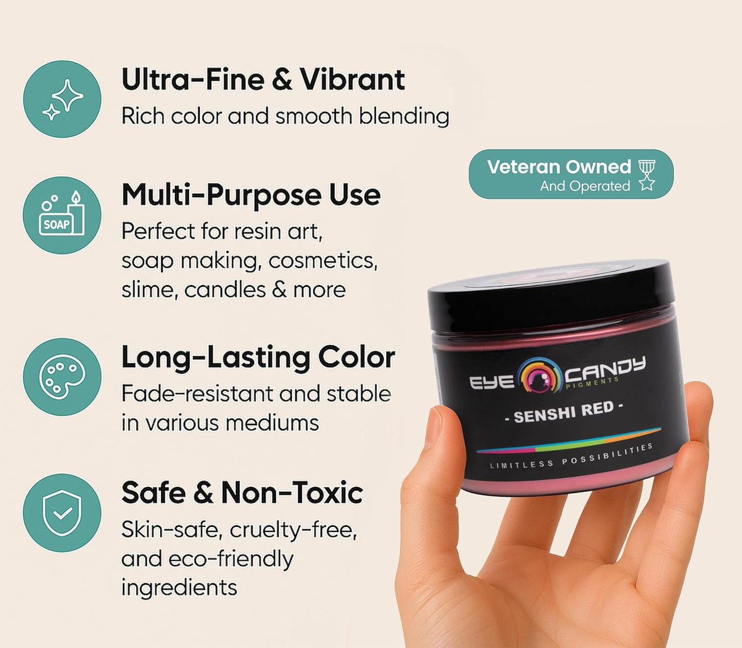 Eye Candy Pigments Premium True Red Mica Powder - Senshi Red (50gr) - for Epoxy, Resin, Soap, Paint, Woodworking, Acrylic Pouring, Bath Bombs, Fishing Lures - DIY Arts and Crafts Additive