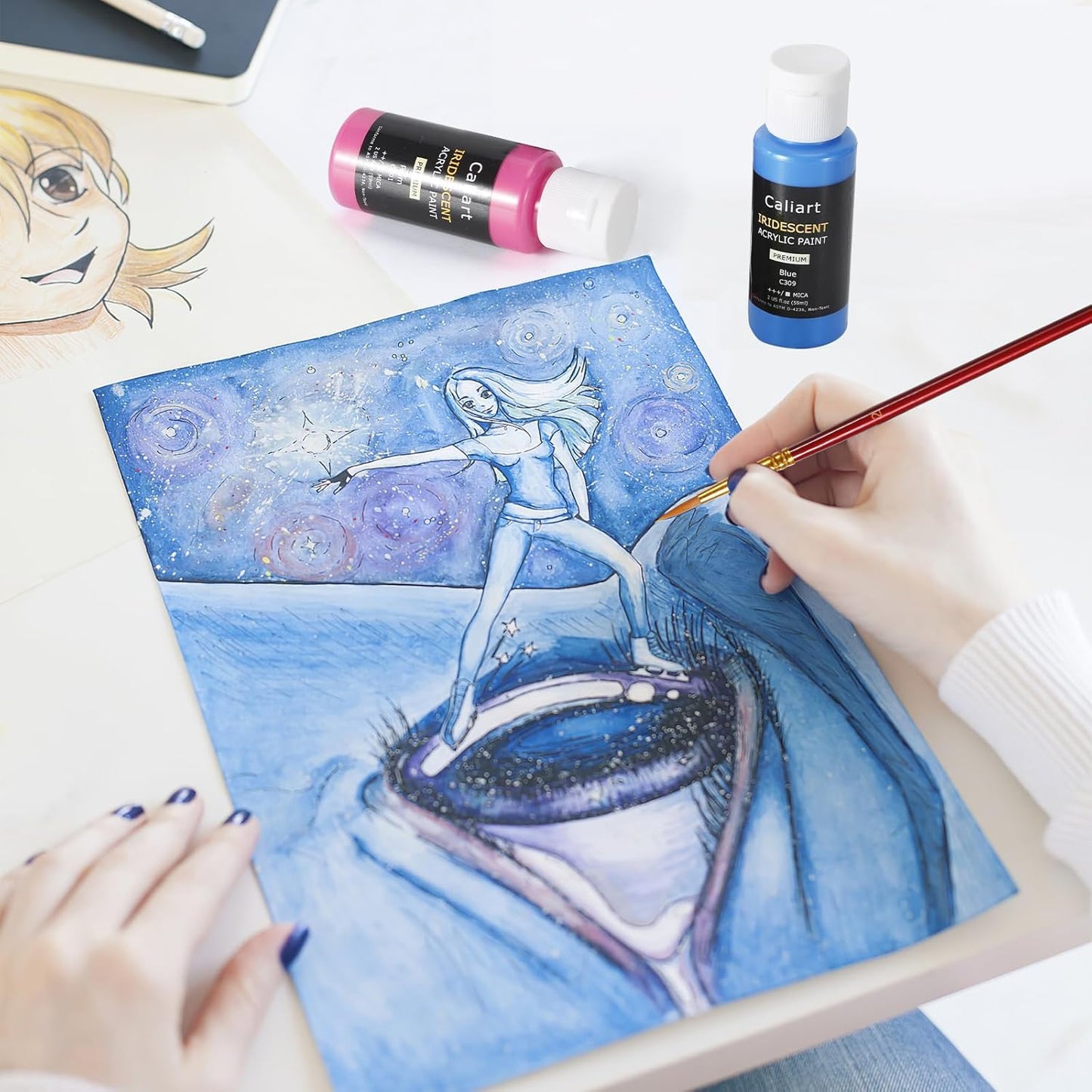 Caliart Iridescent Acrylic Paint with 12 Brushes, 24 Colors (59ml, 2oz) Art Craft Paints for Adults Artists Beginners Painters, Halloween Decorations Canvas Ceramic Wood Rock Painting Kit