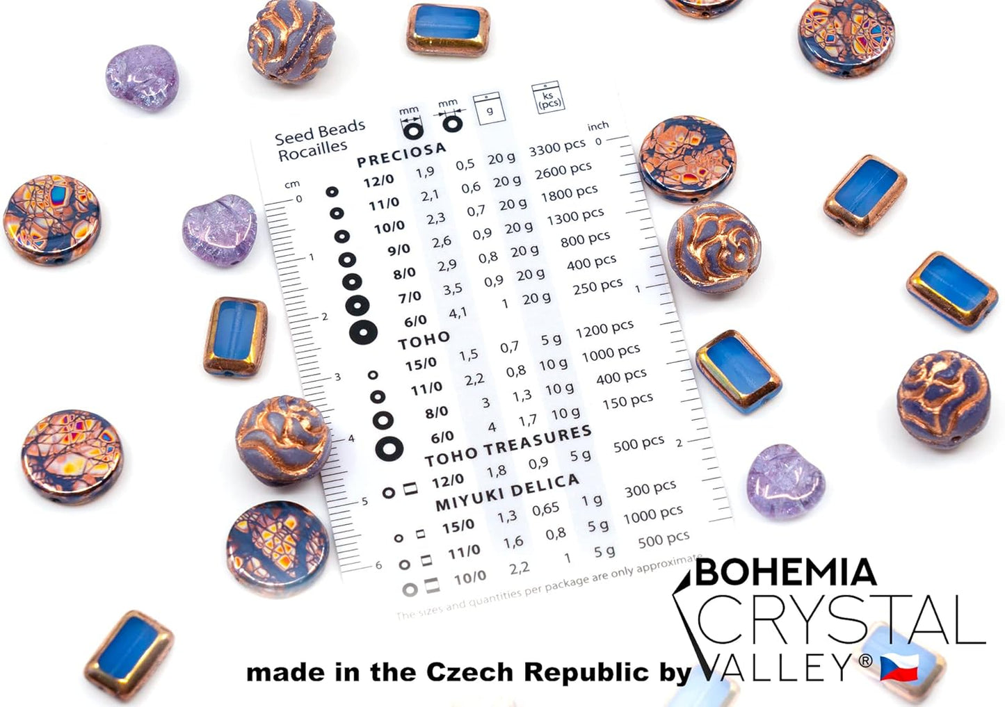 2.1oz (60g) of Glass Focal Bead Mix with Roses, Table-Cut and Cracked Czech Beads, PG Blue Copper Violet