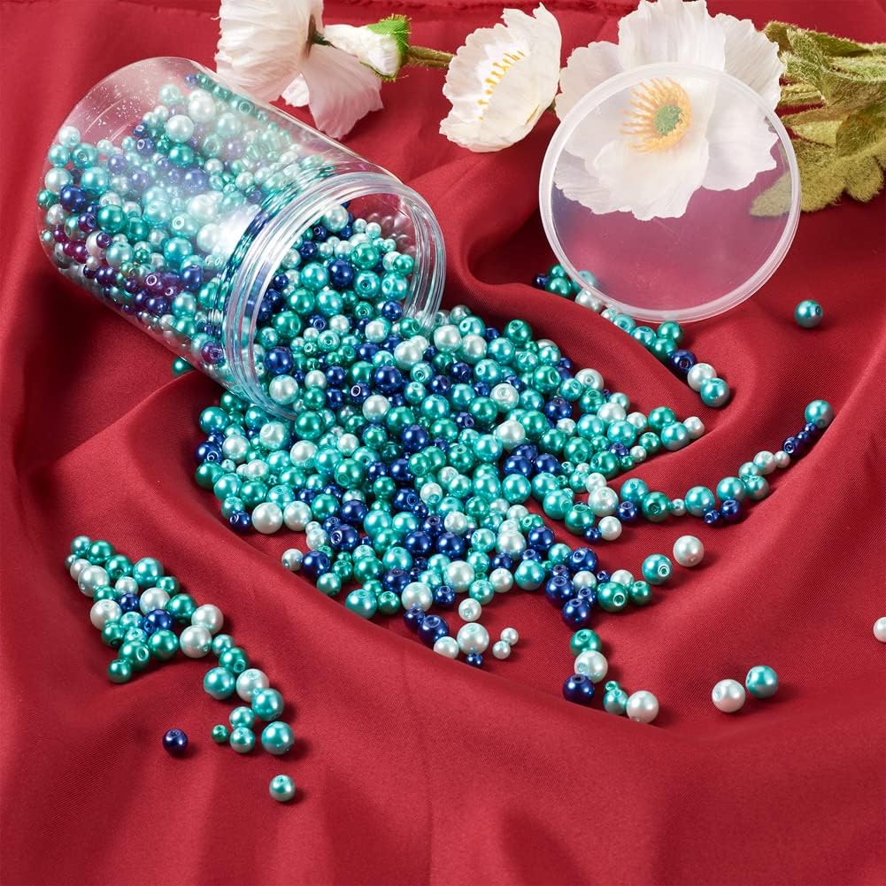 1840Pcs 4/6/8mm Glass Pearl Beads Pearlized Beads Multi Colors Round Spacer Beads for DIY Craft Jewelry Making Hole: 1mm, Mixed Blue